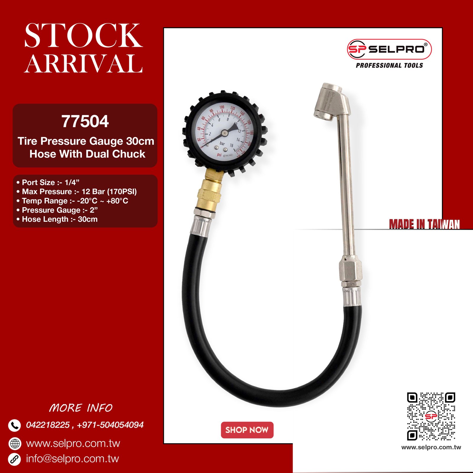 Tire Pressure Gauge 30cm Hose with Dual Chuck